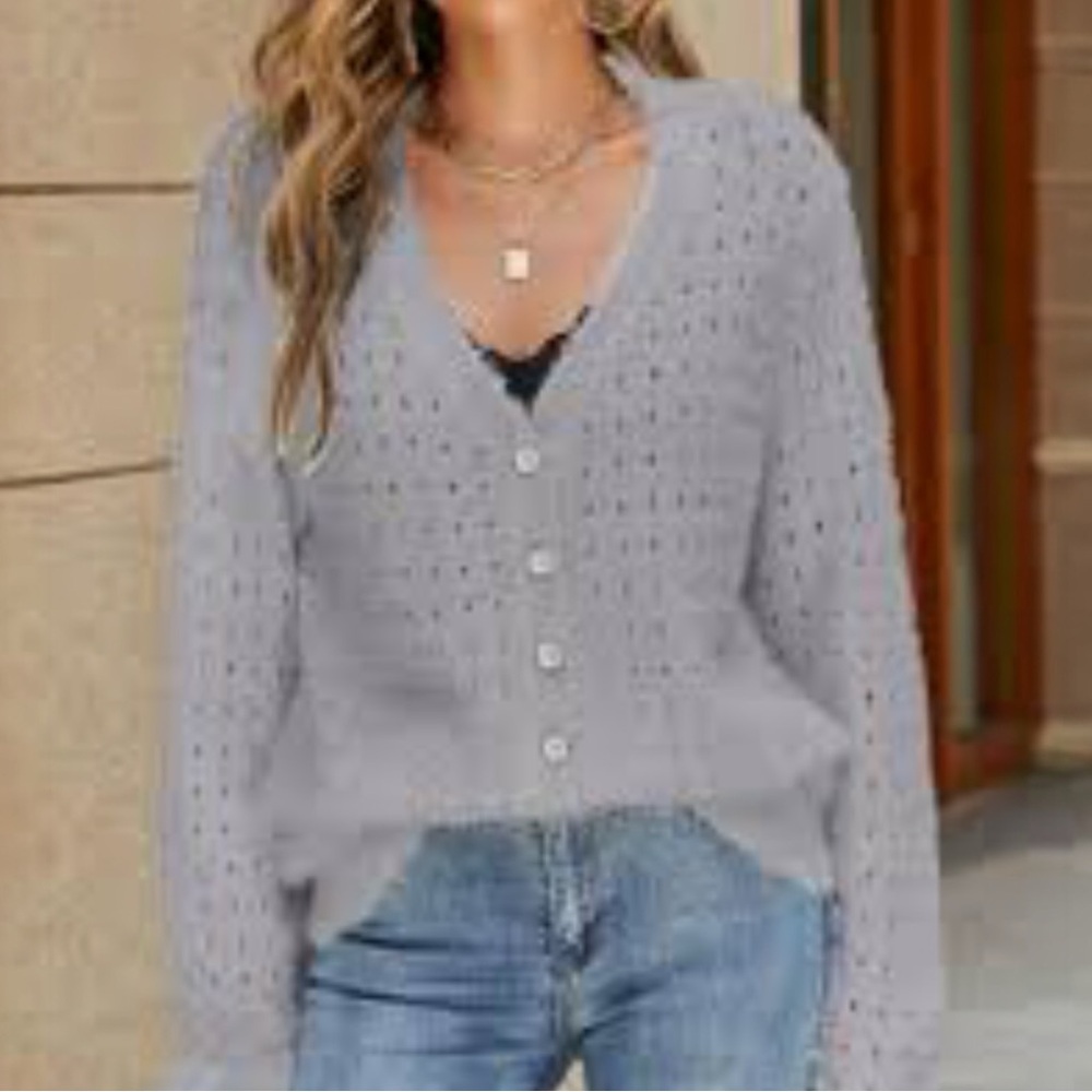 Fuzzy Openwork Flounce Sleeve Button-Up Fuzzy Car… - image 1